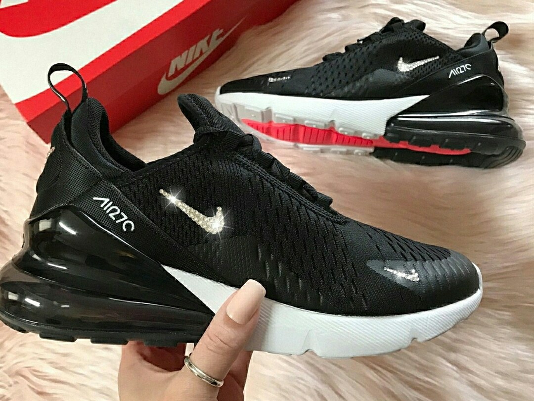 Swarovski Women's Nike Air Max 270 All Black Sneakers Blinged Out With Authentic Clear Swarovski Crystals Custom Bling Nike Shoes MakerPlace by